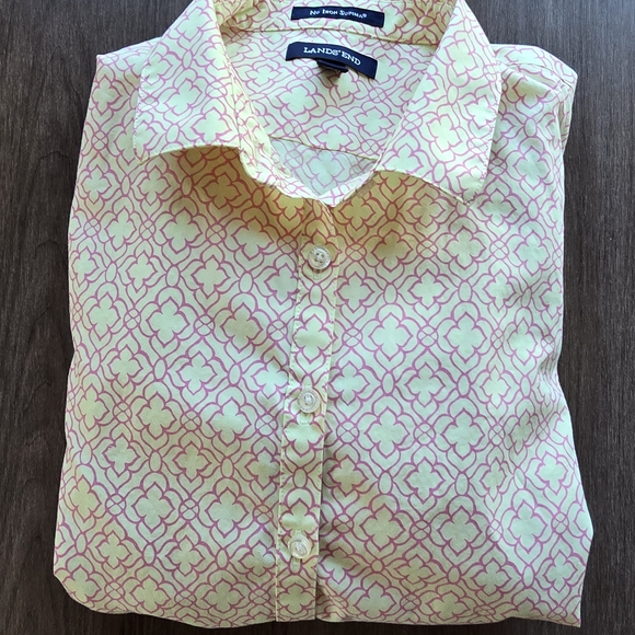 Lands' End Blouse - Pink Pale Yellow Pattern Baumwolle No Iron Supima Size 12 P - Picture 12 of 12
